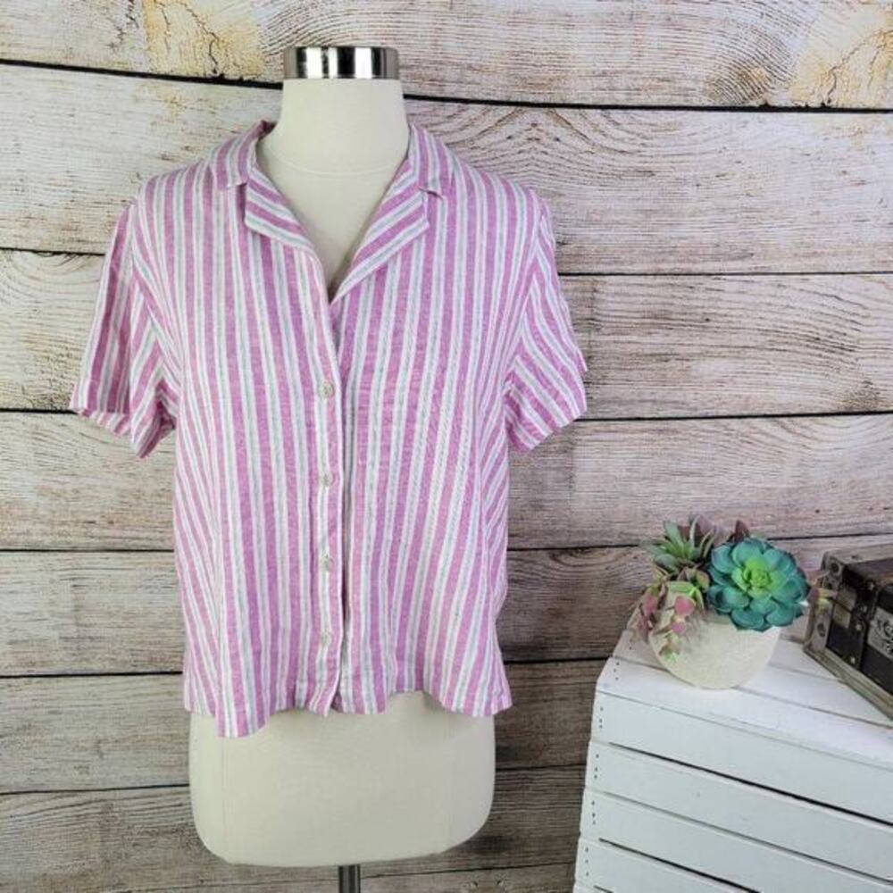 Universal Thread Women's Striped Button Front Cropped Top Pink White Size Medium
